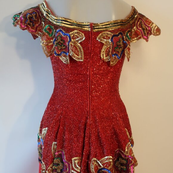 Womens Fabrice Silhouette Red Gold Beads Sequin Silk Satin Formal Gown Dress 10* - Picture 11 of 16